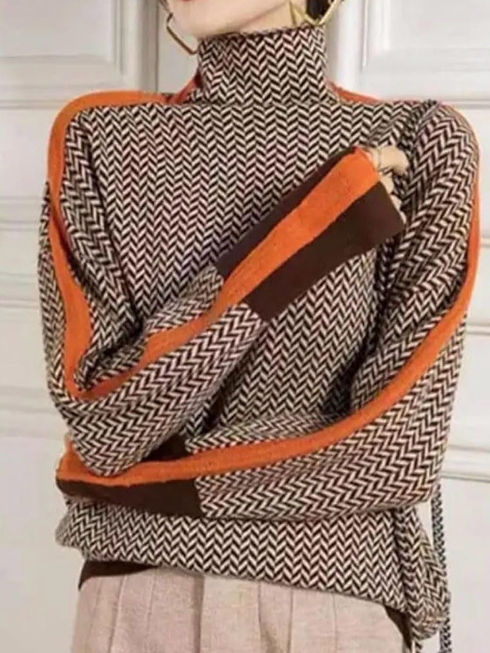 MIA Brown and Orange Herringbone Turtleneck Sweater